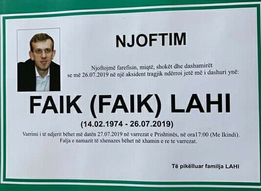 Faik Lahi është personi tjetër i cili vdiq në aksidentin në Rahovec