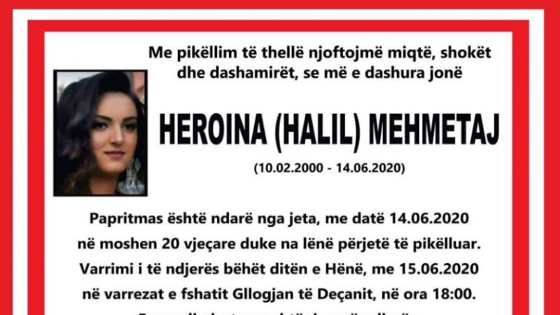 Nesër në ora 18:00 bëhet varrimi i vajzës nga Gllogjani që vrau vetën