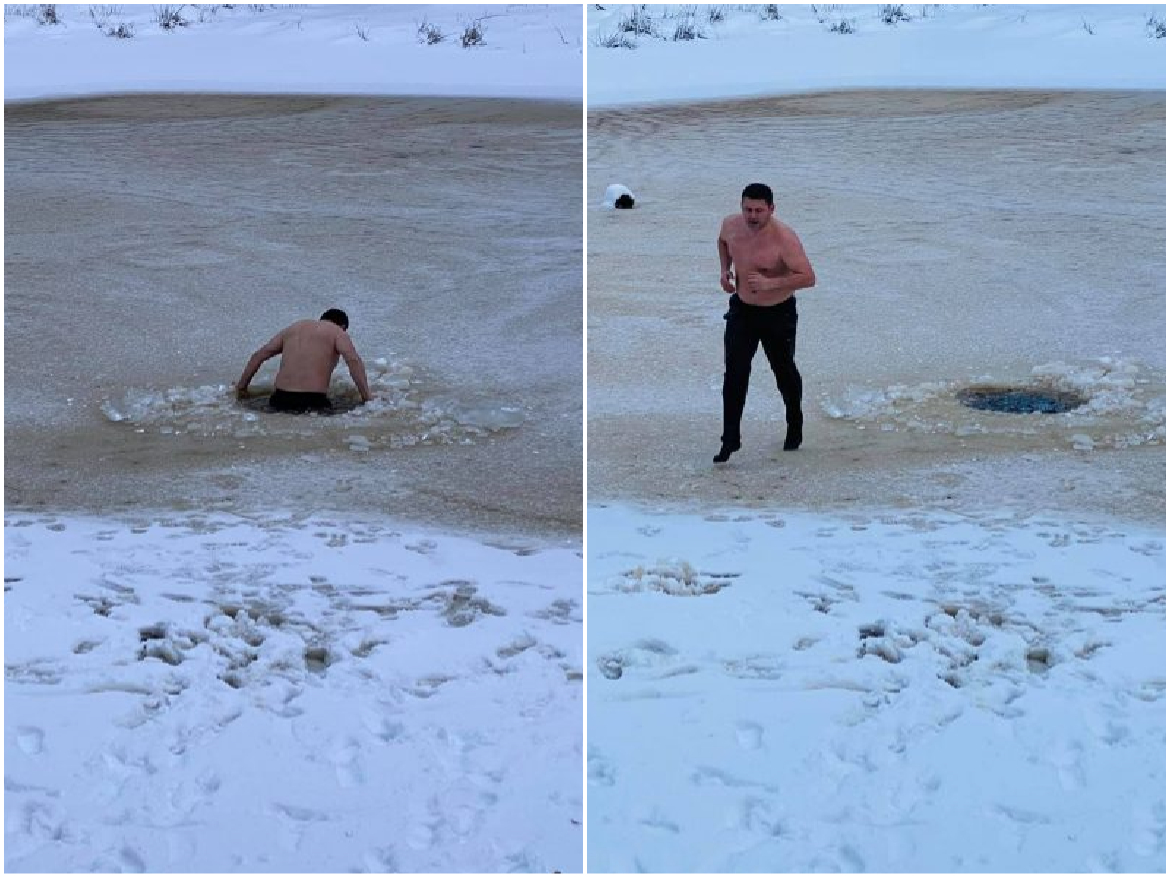 Bekë Berisha futet gjysmë i zhveshur në ujin që gjendet midis akullit në bjeshkët e Istogut