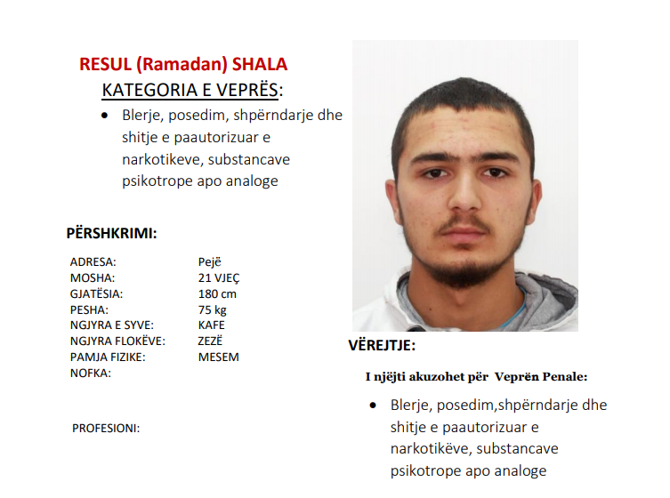 Policia në kërkim të 21 vjeçarit nga Peja, dyshohet për narkotikë