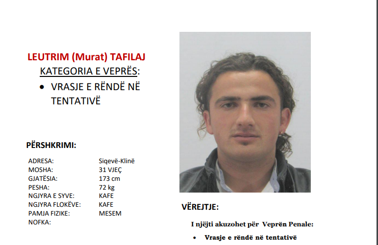 Policia kërkon ndihmën e qytetarëve për arrestimin e 31 vjeçarit të rrezikshëm nga Klina