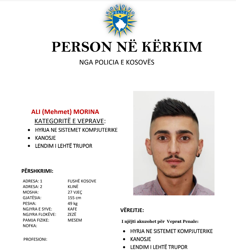 Arrestohet Ali Morina, një ditë pasi Policia e shpalli në kërkim