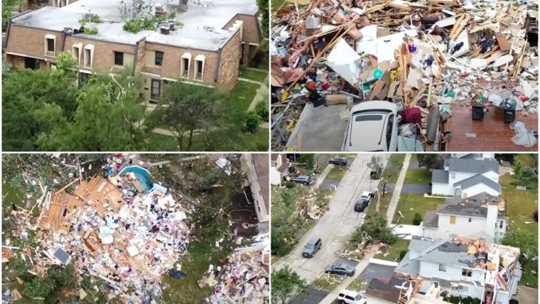Pamjet e filmuara nga ajri me dron, tregojnë pasojat e tornados që goditi Chicagon – erërat frynin me shpejtësi prej 225 kilometra në orë