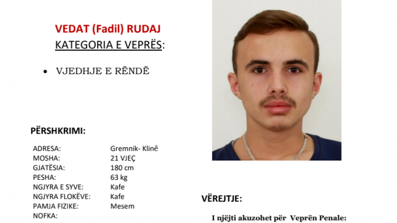 Policia kërkon bashkëpunimin e qytetarëve për arrestimin e Vedat Fadil Rudajt