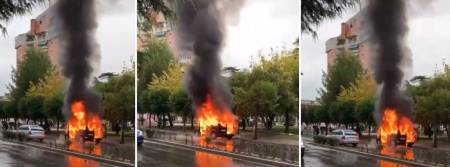Makina shpërthen në flakë në mes të Elbasanit