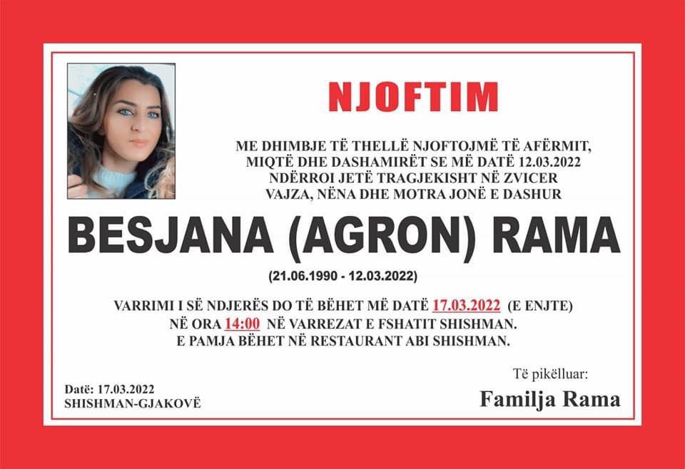 Nesër varroset kosovarja që dyshohet se u vra nga burri i saj në Zvicër